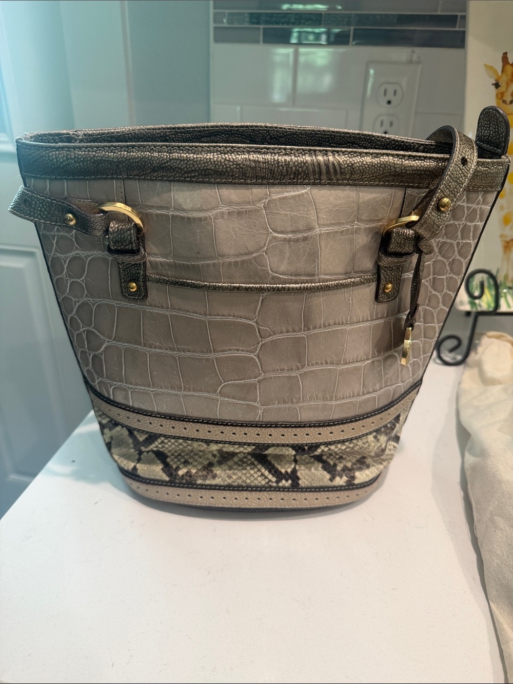 Brahmin Gray Taupe Croc-Embossed Bucket Bag with Snake-Print Trim